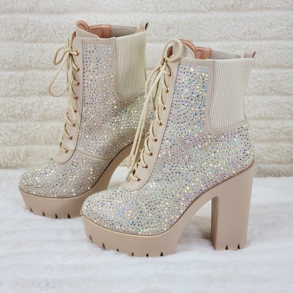 Barri Nude Rhinestone Chunky Heel Platform Ankle Boots - Picture 14 of 15